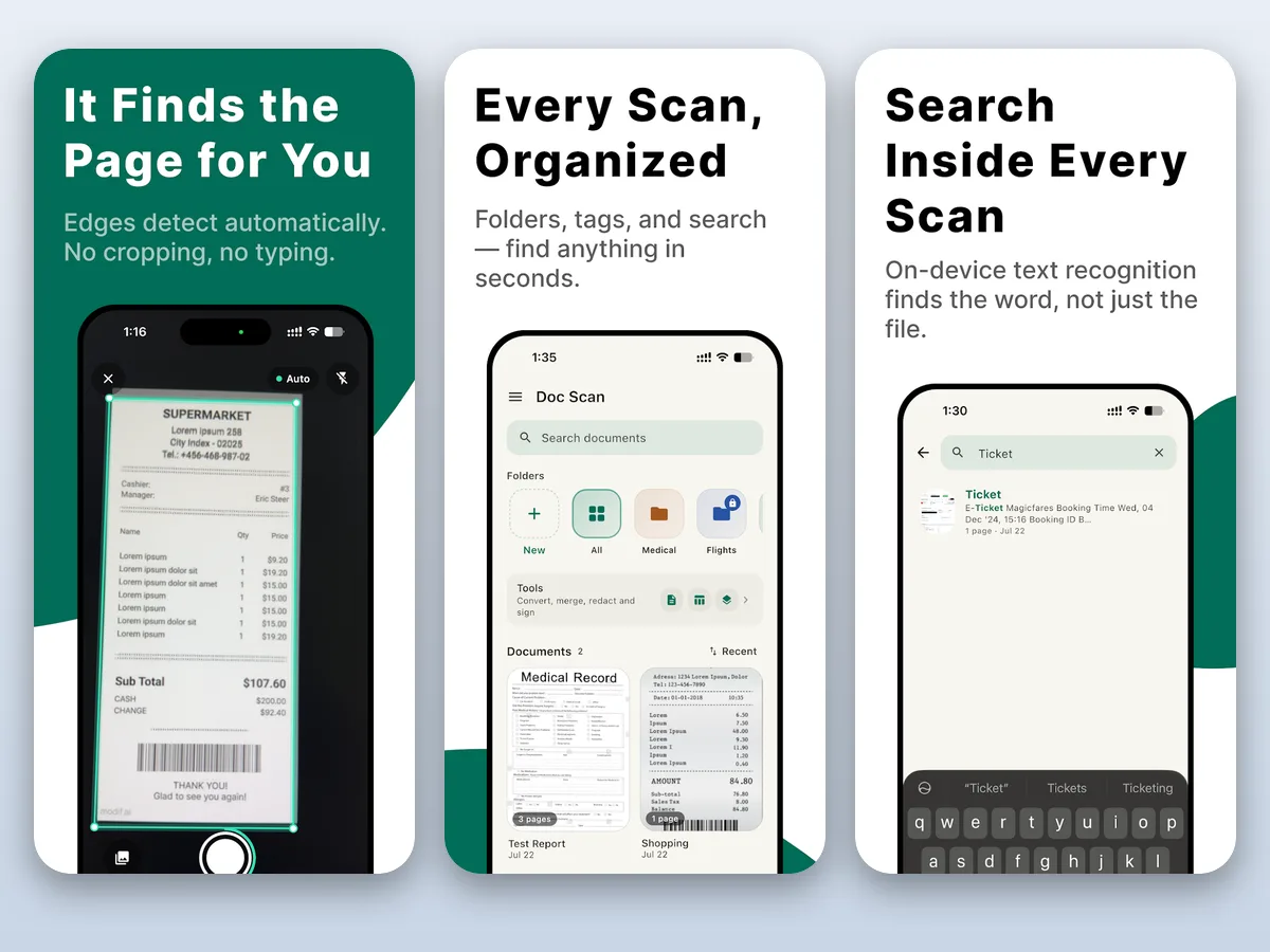 DocScan app screens — edge detection, folders and search inside scans