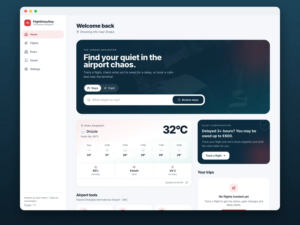FlightDelayStay web app home screen — stay search, local weather and EU261 compensation check