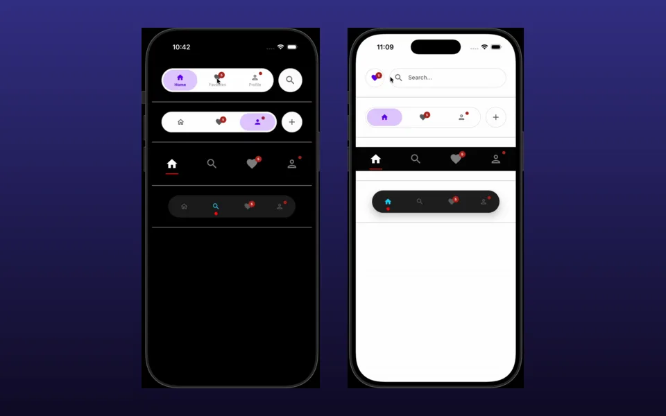 FlowTab bottom navigation bars in dark and light themes