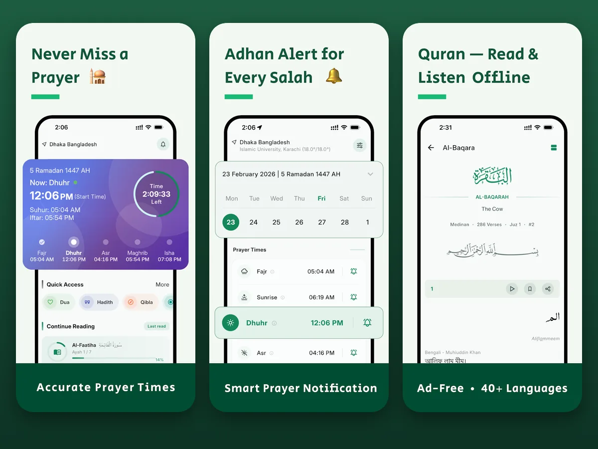 Muslim: Azan Quran Qibla app screens — prayer times, Adhan alerts and offline Quran