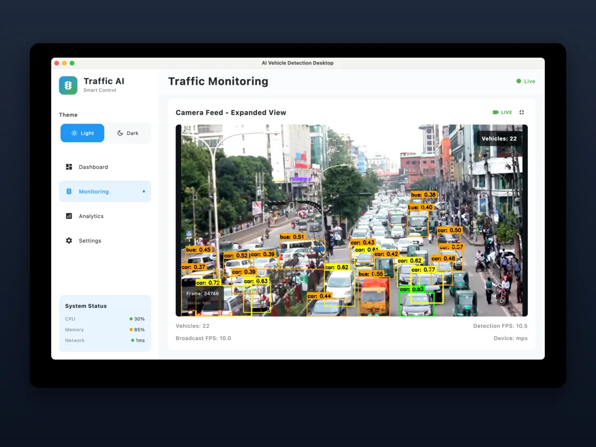 Traffic AI desktop app showing a live camera feed with detected vehicles